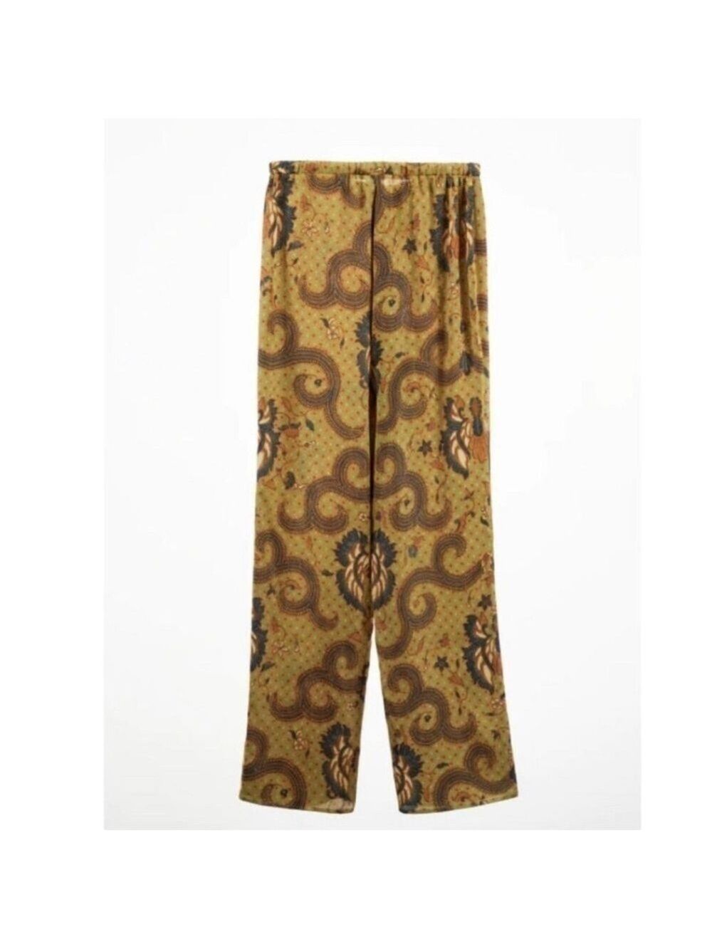 Zara green brown Paisley floral print satin effect tropical bohemian boho pants